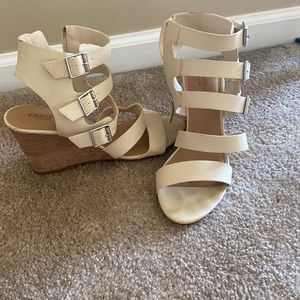 Crown Vintage Cream Strappy Wedges with Decorative Buckles and zip closure
